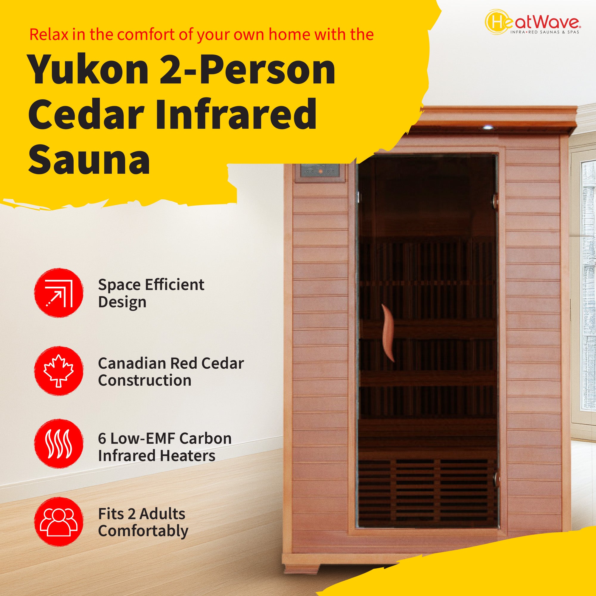 HeatWave Brand, Yukon 2-Person Cedar Infrared Sauna with 6 Carbon Heaters
