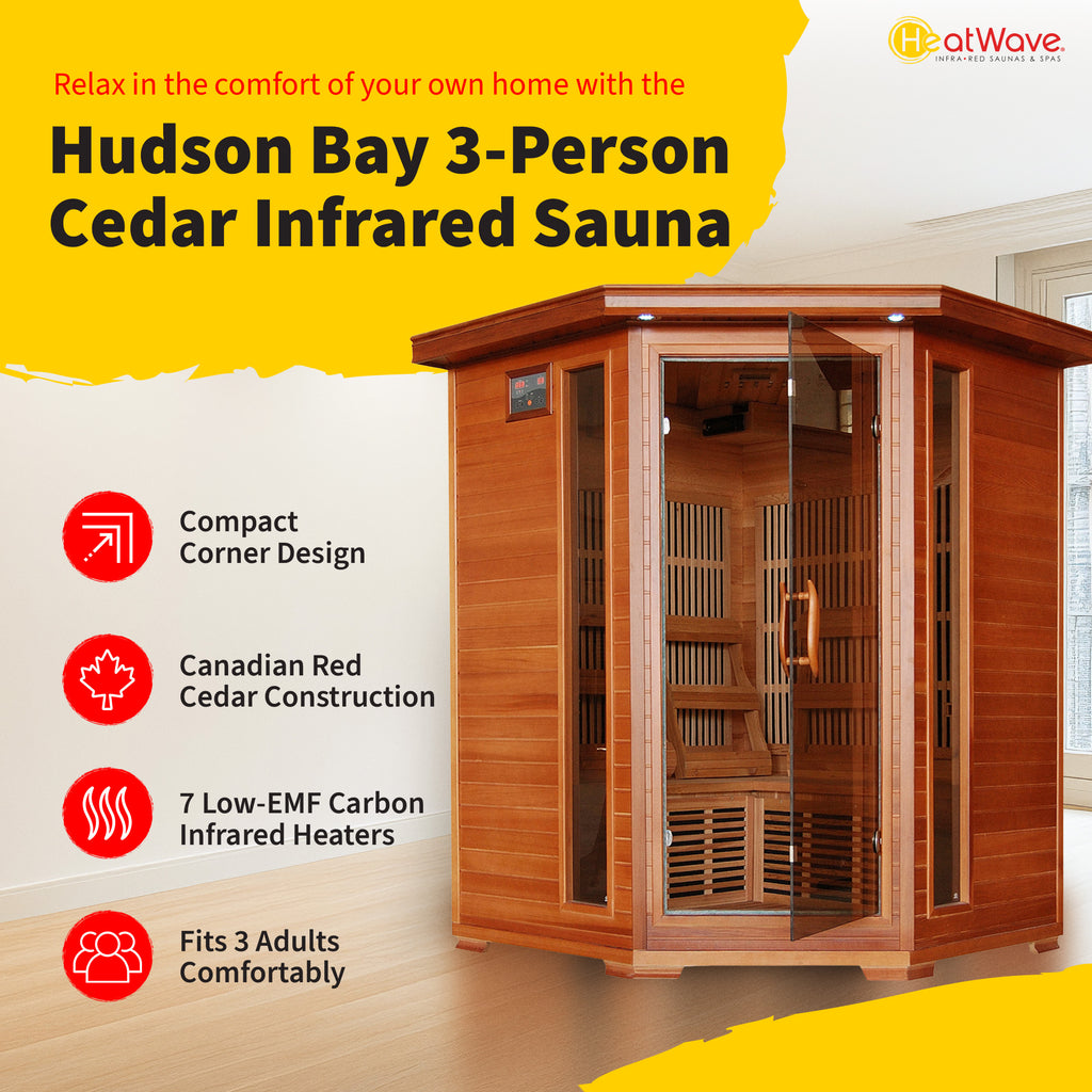 HeatWave Brand, Hudson Bay 3-Person Cedar Corner Infrared Sauna with 7 Carbon Heaters