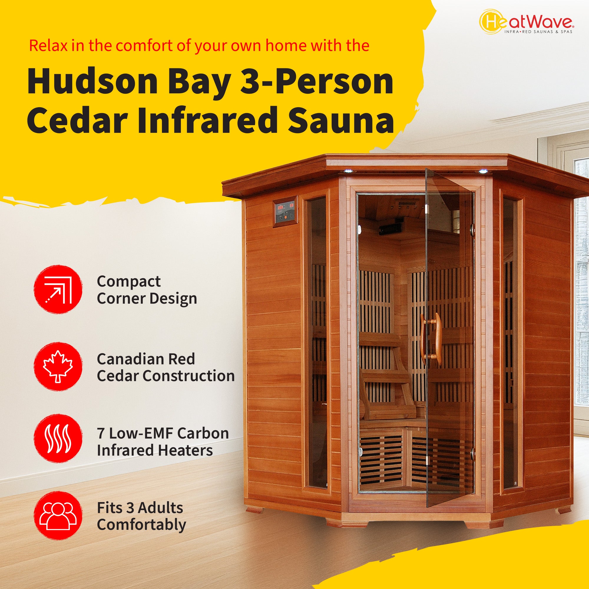 HeatWave Brand, Hudson Bay 3-Person Cedar Corner Infrared Sauna with 7 Carbon Heaters