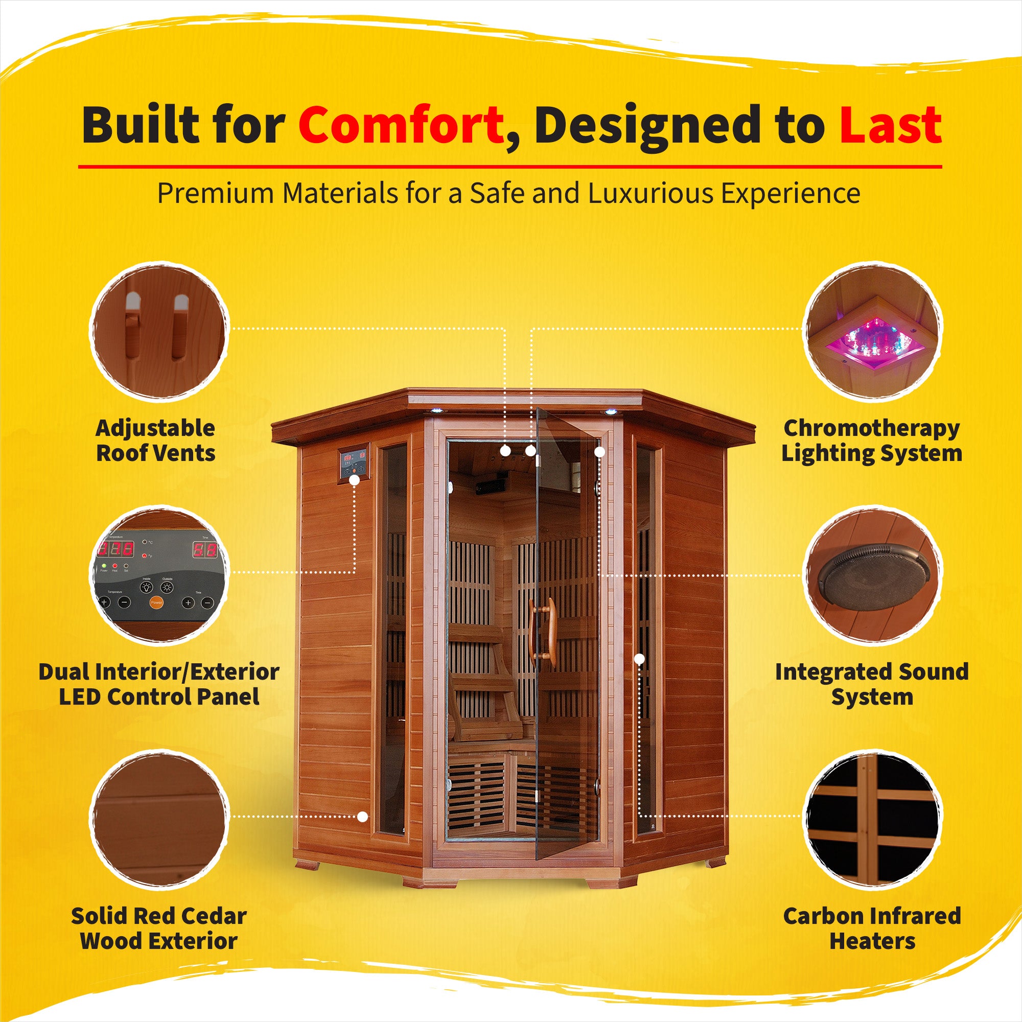 HeatWave Brand, Hudson Bay 3-Person Cedar Corner Infrared Sauna with 7 Carbon Heaters