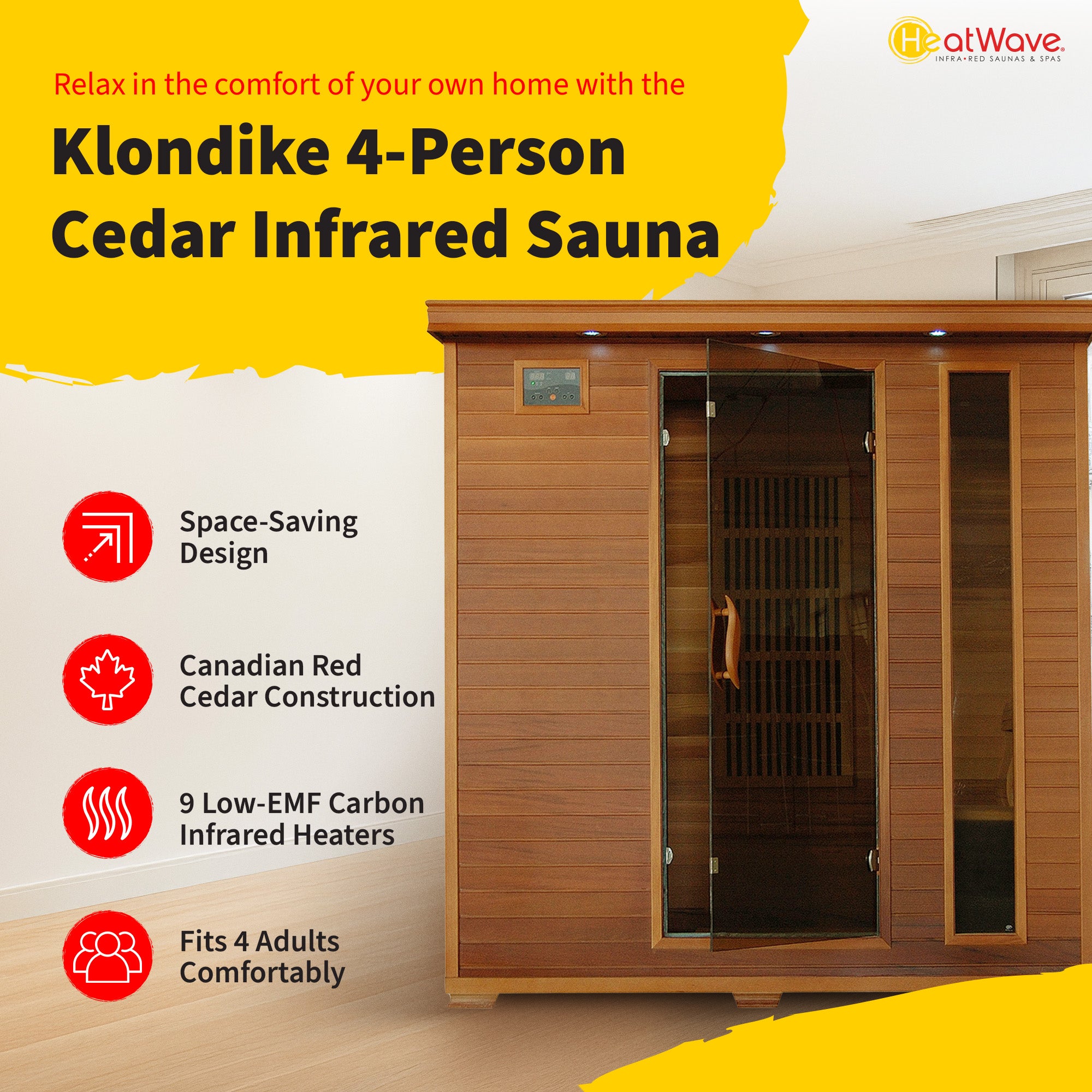 HeatWave Brand, Klondike 4-Person Cedar Infrared Sauna with 9 Heaters