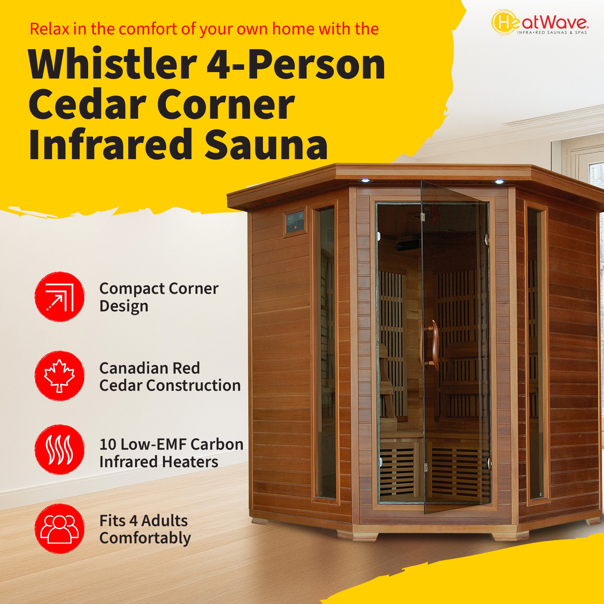 HeatWave Brand, Whistler 4-Person Cedar Corner Infrared Sauna with 10 Carbon Heaters