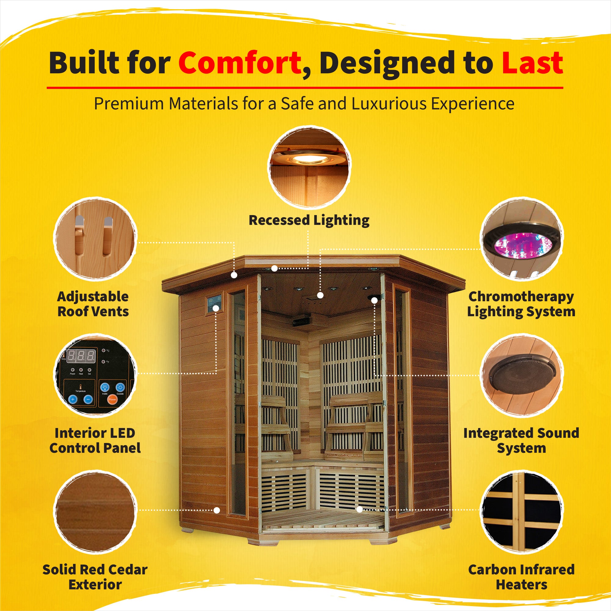 HeatWave Brand, Whistler 4-Person Cedar Corner Infrared Sauna with 10 Carbon Heaters