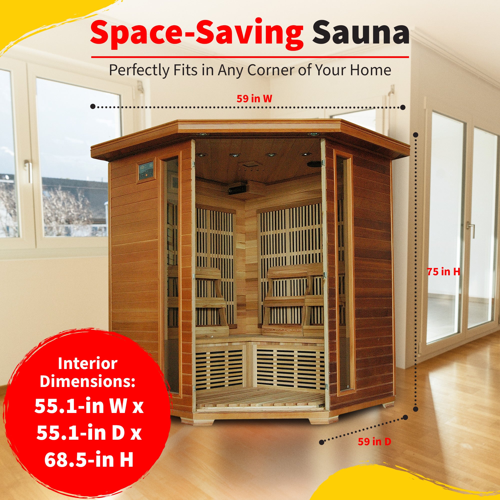 HeatWave Brand, Whistler 4-Person Cedar Corner Infrared Sauna with 10 Carbon Heaters