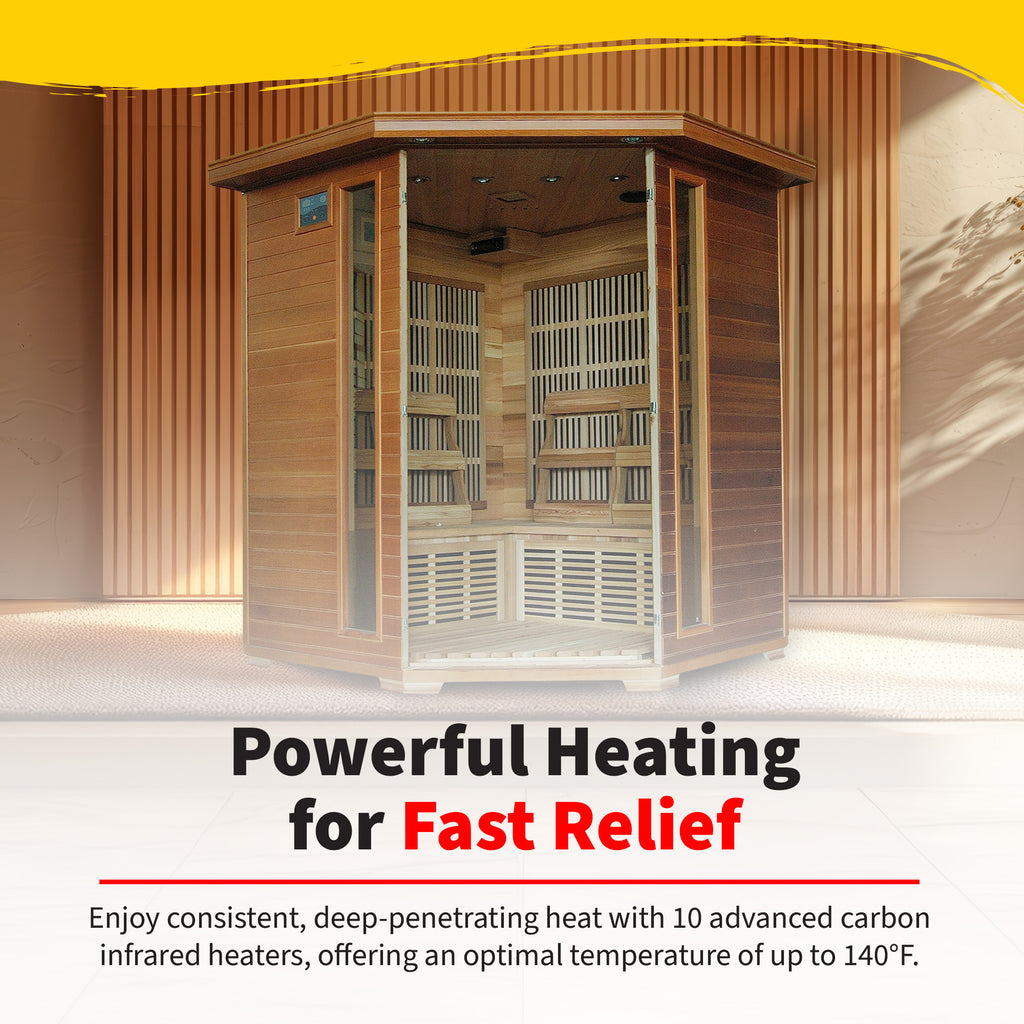 HeatWave Brand, Whistler 4-Person Cedar Corner Infrared Sauna with 10 Carbon Heaters