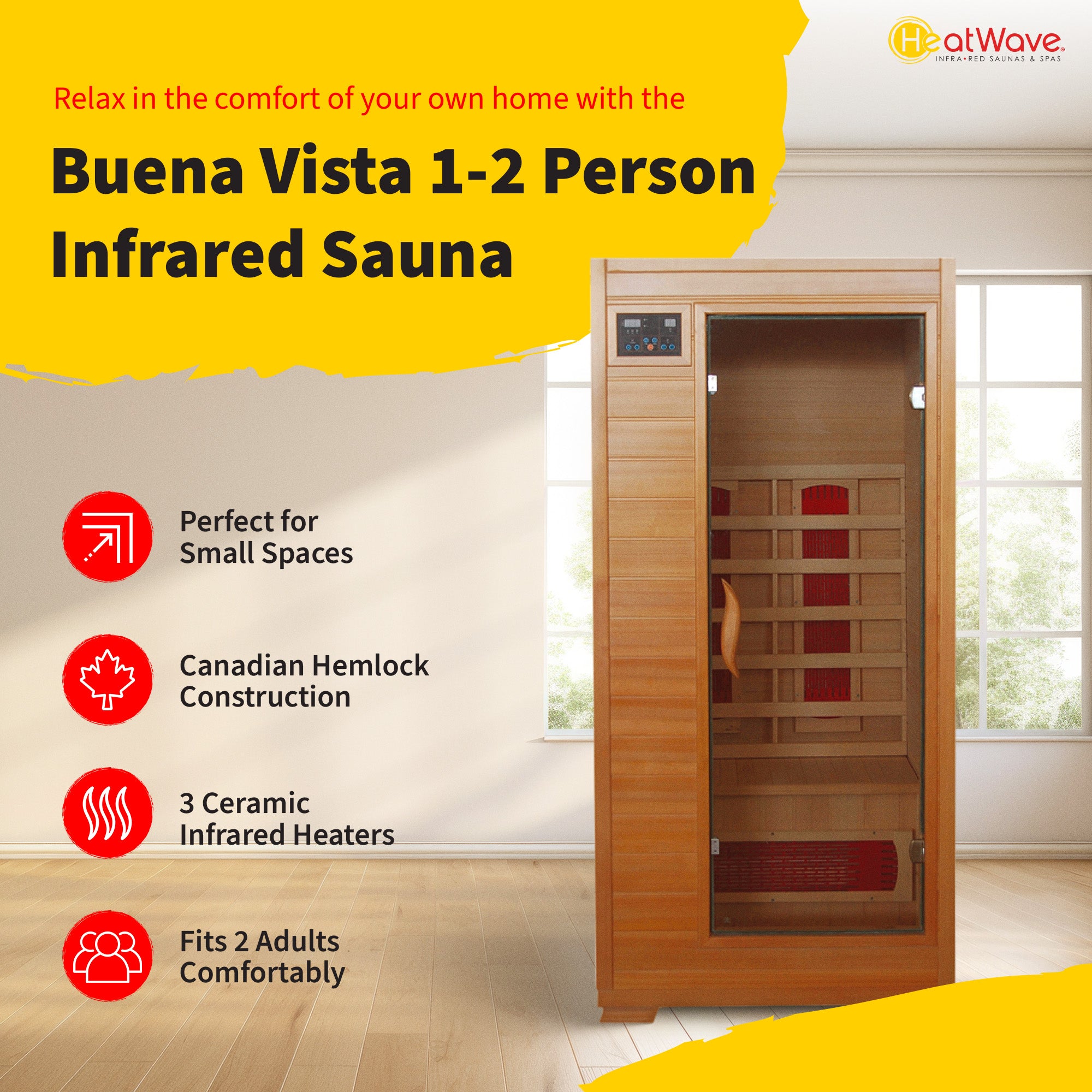 HeatWave Brand, Buena Vista 1-2 Person Hemlock Infrared Sauna with 3 Ceramic Heaters
