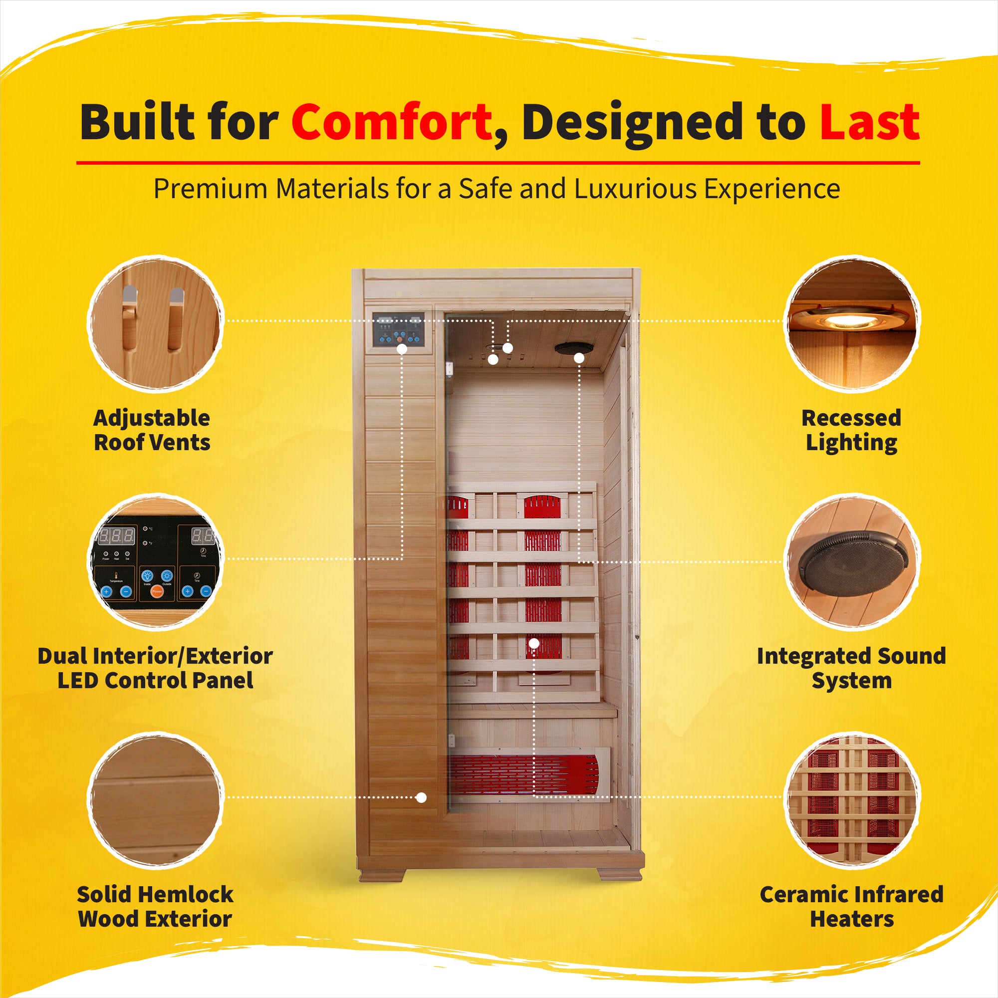HeatWave Brand, Buena Vista 1-2 Person Hemlock Infrared Sauna with 3 Ceramic Heaters