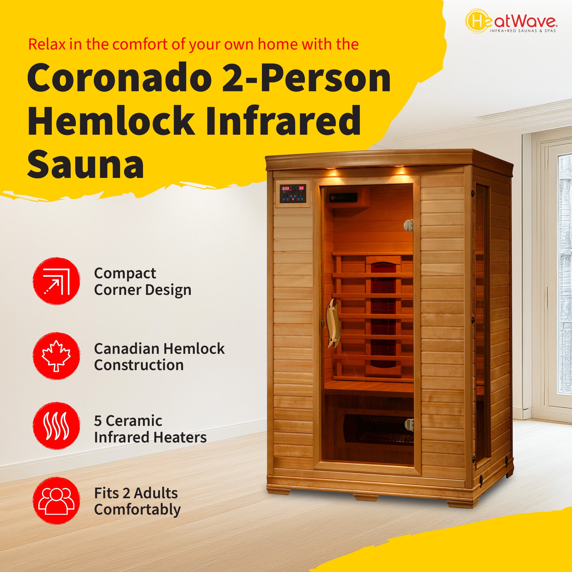 Coronado 2-Person Hemlock Infrared Sauna with 5 Ceramic Heaters - by Heat Wave