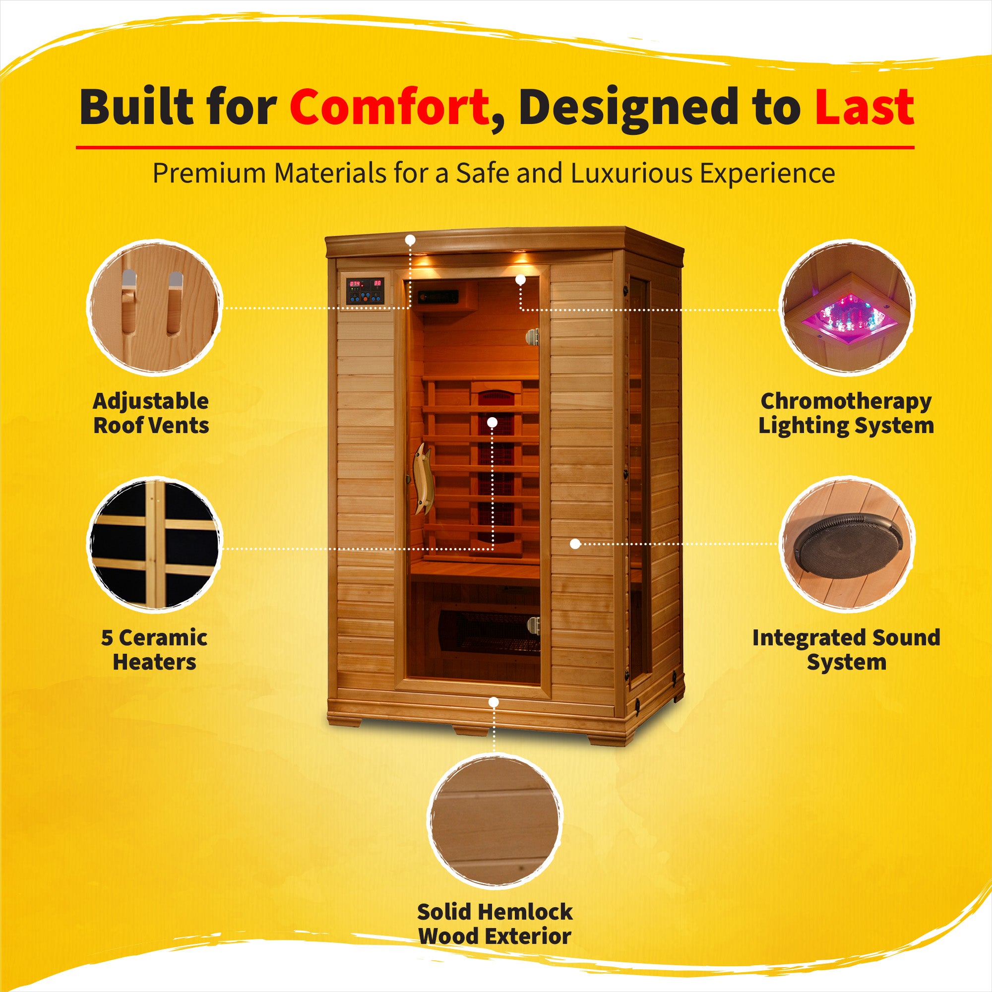 HeatWave Brand, Coronado 2-Person Hemlock Infrared Sauna with 5 Ceramic Heaters