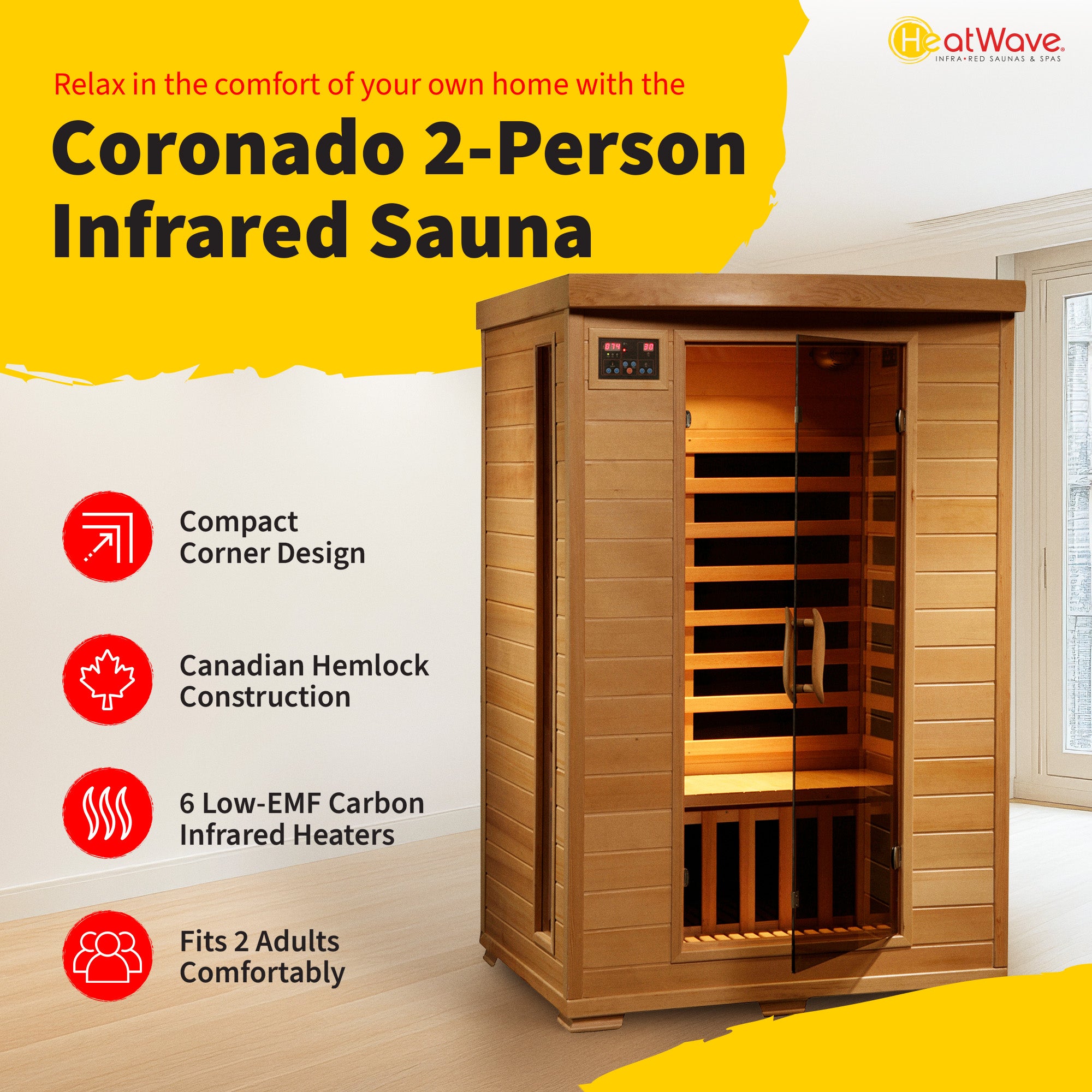 HeatWave Brand, Coronado 2-Person Hemlock Deluxe Infrared Sauna with 6 Carbon Heaters