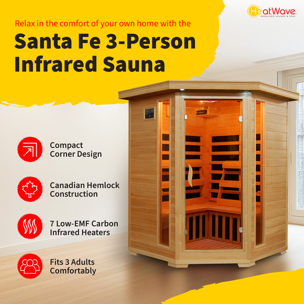 HeatWave Brand, Santa Fe 3-Person Hemlock Corner Infrared Sauna with 7 Carbon Heaters