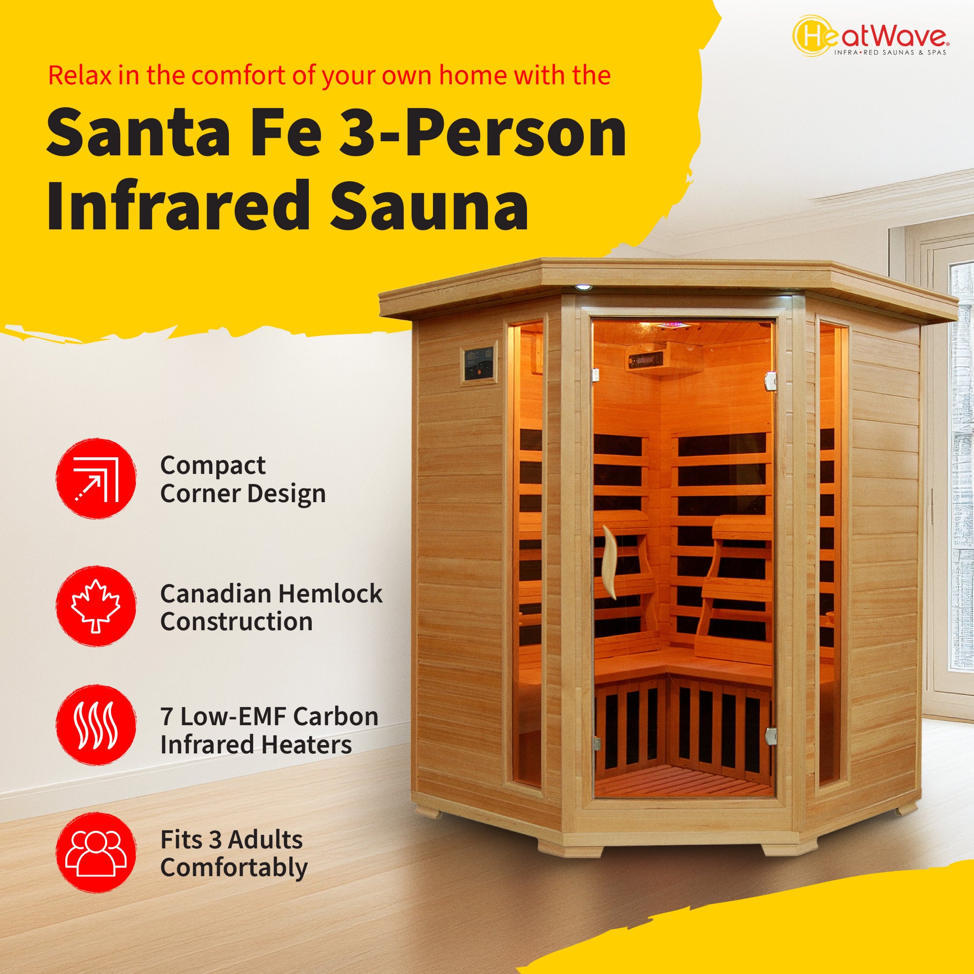 HeatWave Brand, Santa Fe 3-Person Hemlock Corner Infrared Sauna with 7 Carbon Heaters