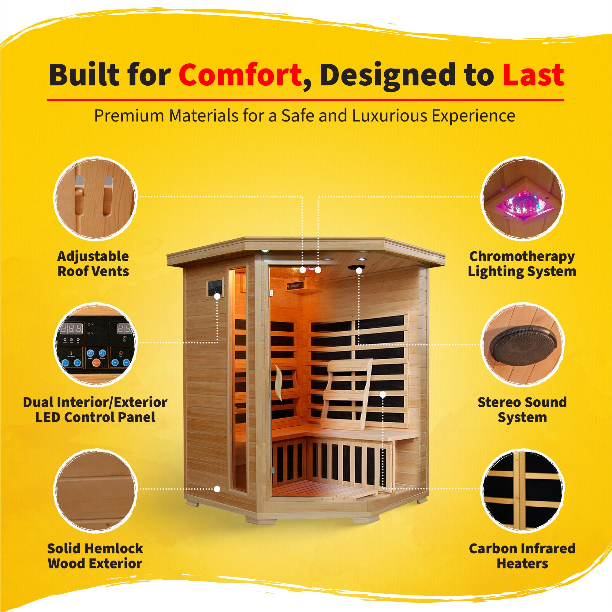 HeatWave Brand, Santa Fe 3-Person Hemlock Corner Infrared Sauna with 7 Carbon Heaters