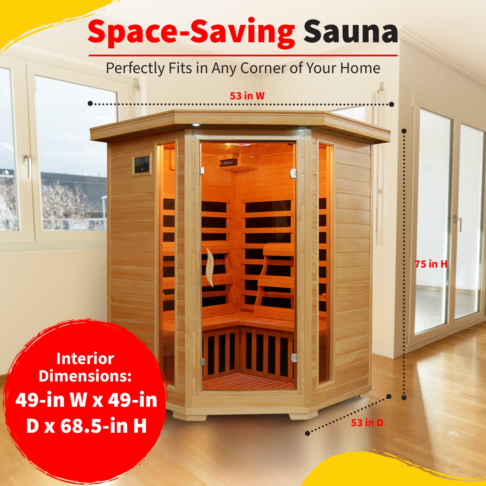 HeatWave Brand, Santa Fe 3-Person Hemlock Corner Infrared Sauna with 7 Carbon Heaters