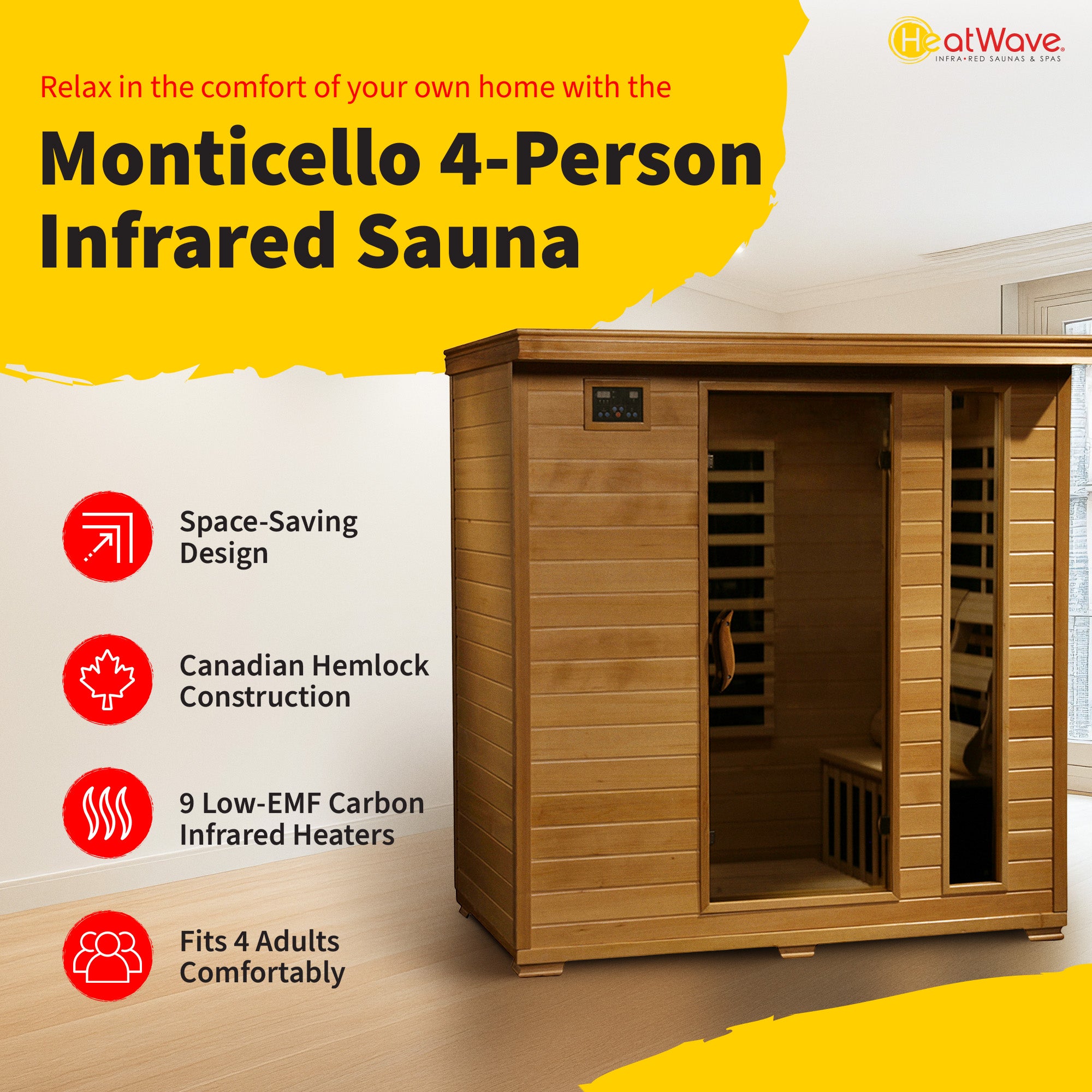 HeatWave Brand, Monticello 4-Person Hemlock Infrared Sauna with 9 Carbon Heaters