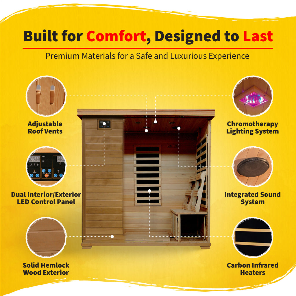 HeatWave Brand, Monticello 4-Person Hemlock Infrared Sauna with 9 Carbon Heaters