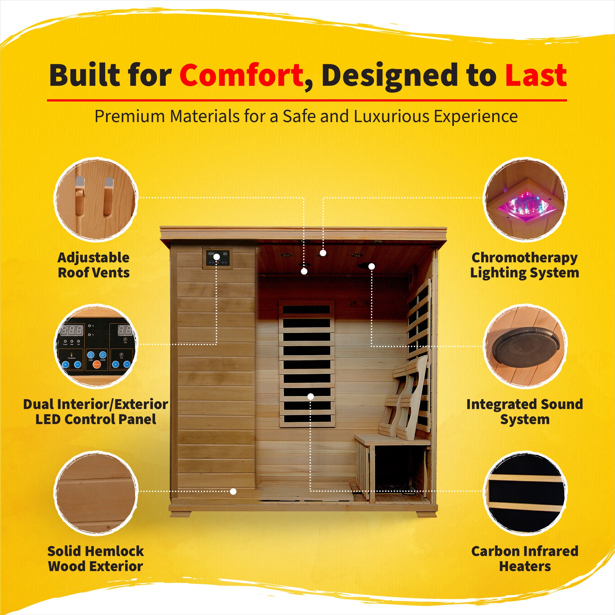 HeatWave Brand, Monticello 4-Person Hemlock Infrared Sauna with 9 Carbon Heaters