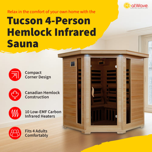 Heat Wave brand, Tucson 4-Person Hemlock Corner Infrared Sauna with 10 Carbon Heaters
