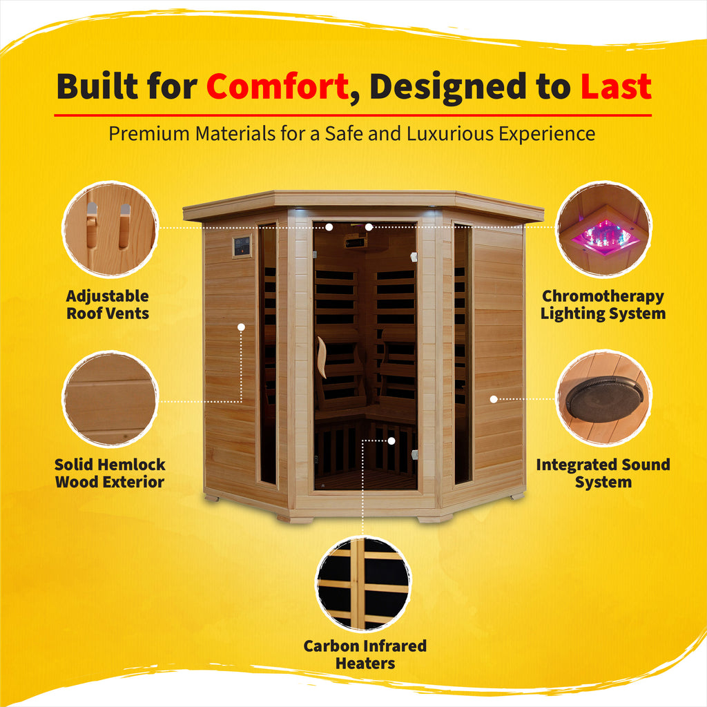 Tucson 4-Person Hemlock Corner Infrared Sauna with 10 Carbon Heaters - by Heat Wave