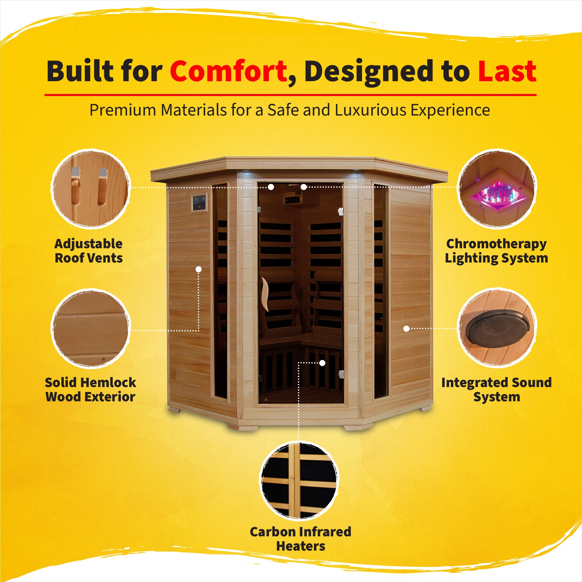 Tucson 4-Person Hemlock Corner Infrared Sauna with 10 Carbon Heaters - by Heat Wave