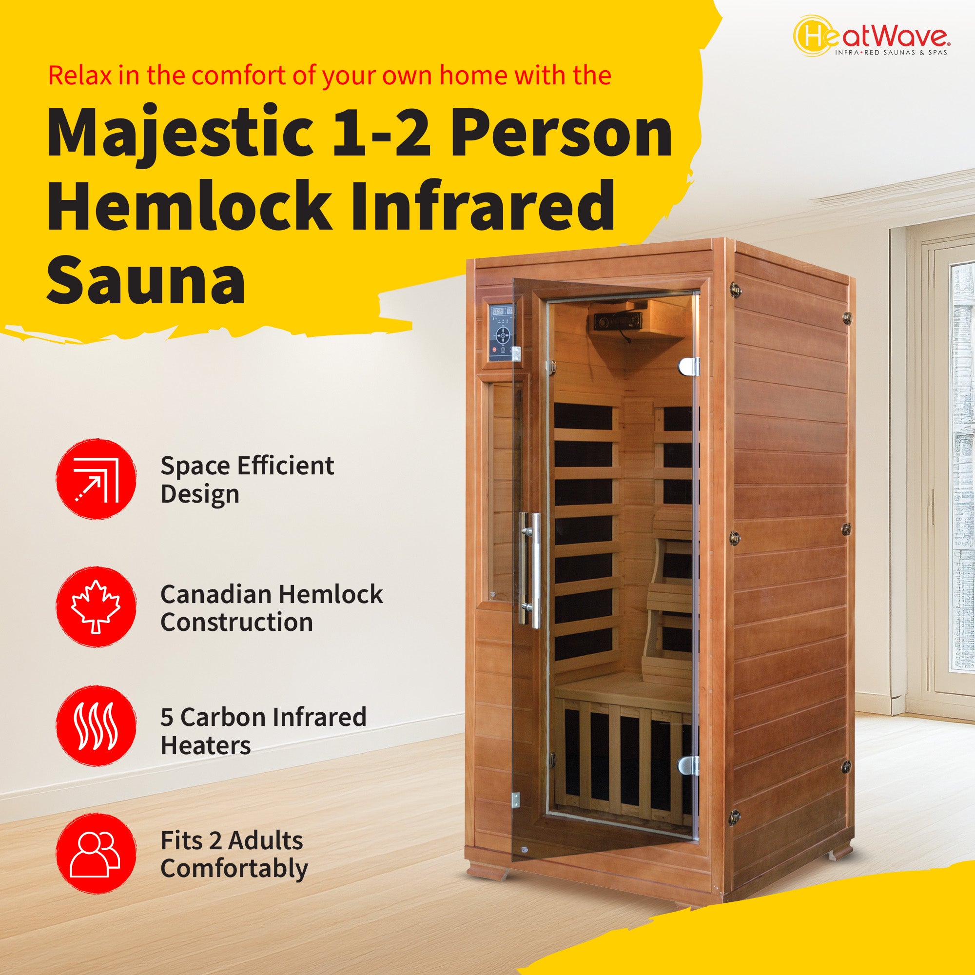 HeatWave Brand, MAJESTIC 1-2 PERSON Hemlock Premium Infrared Sauna with 5 Carbon Heaters