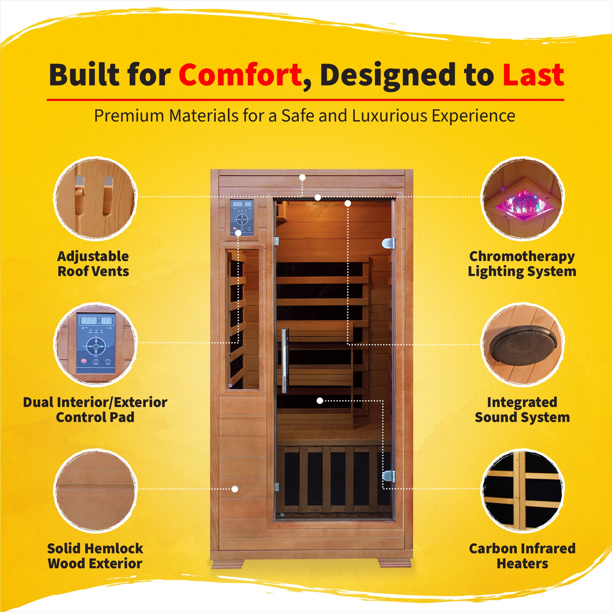 HeatWave Brand, MAJESTIC 1-2 PERSON Hemlock Premium Infrared Sauna with 5 Carbon Heaters