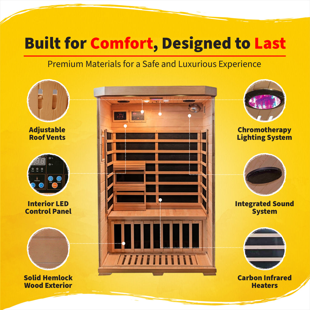 HeatWave Brand,  Sonoma 2-Person Hemlock Premium Infrared Sauna with 6 Carbon Heaters