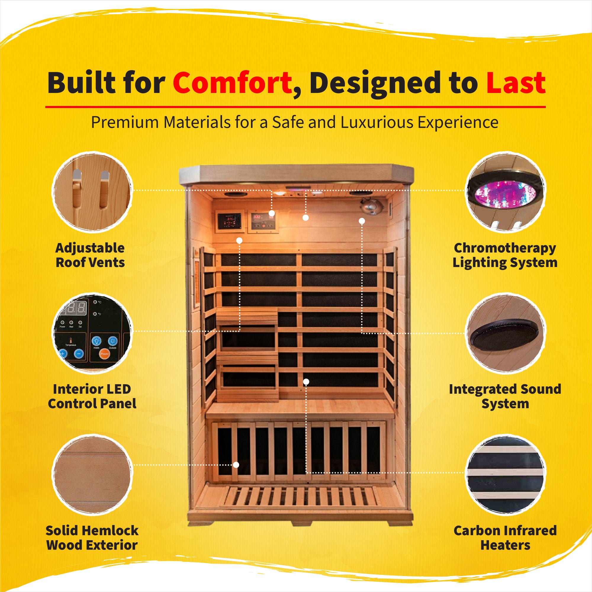 HeatWave Brand,  Sonoma 2-Person Hemlock Premium Infrared Sauna with 6 Carbon Heaters
