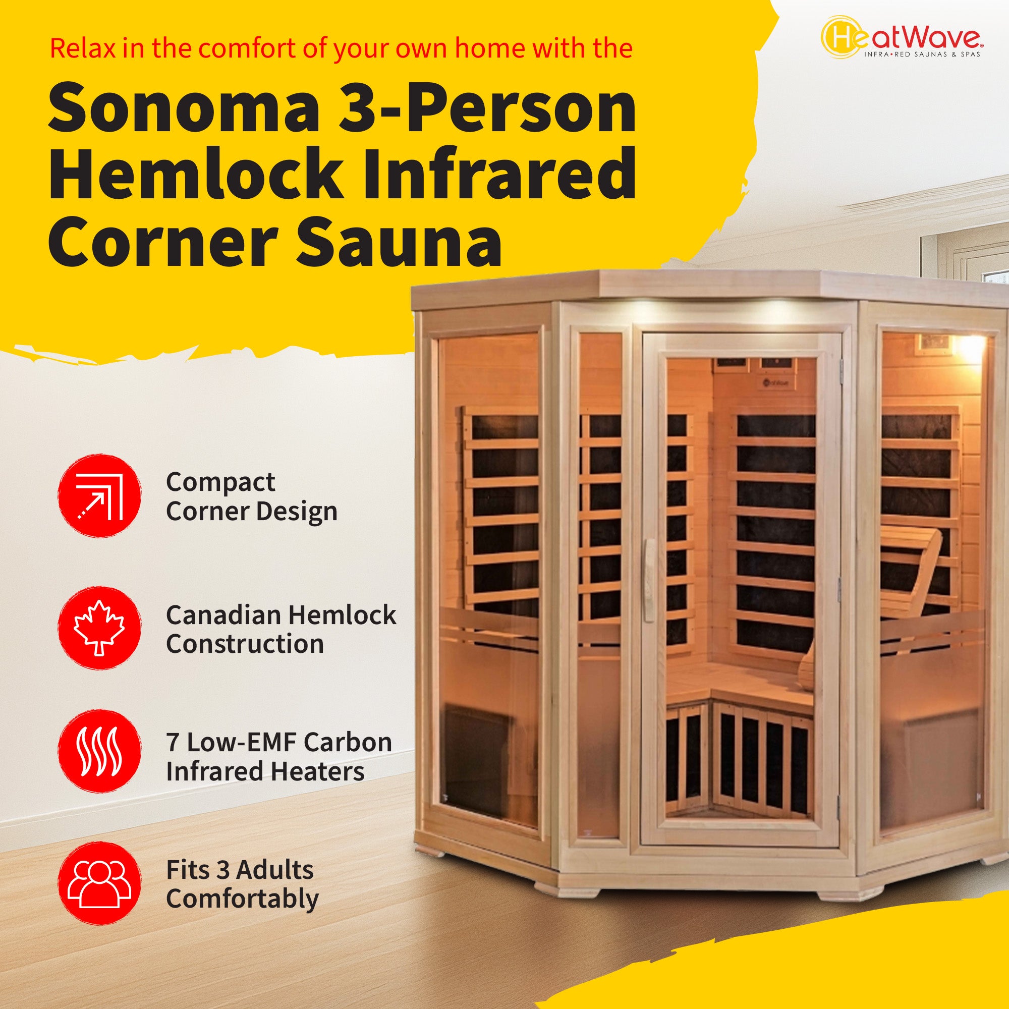 HeatWave Brand, Sonoma 3-Person Hemlock Infrared Corner Sauna with 7 Carbon Heaters