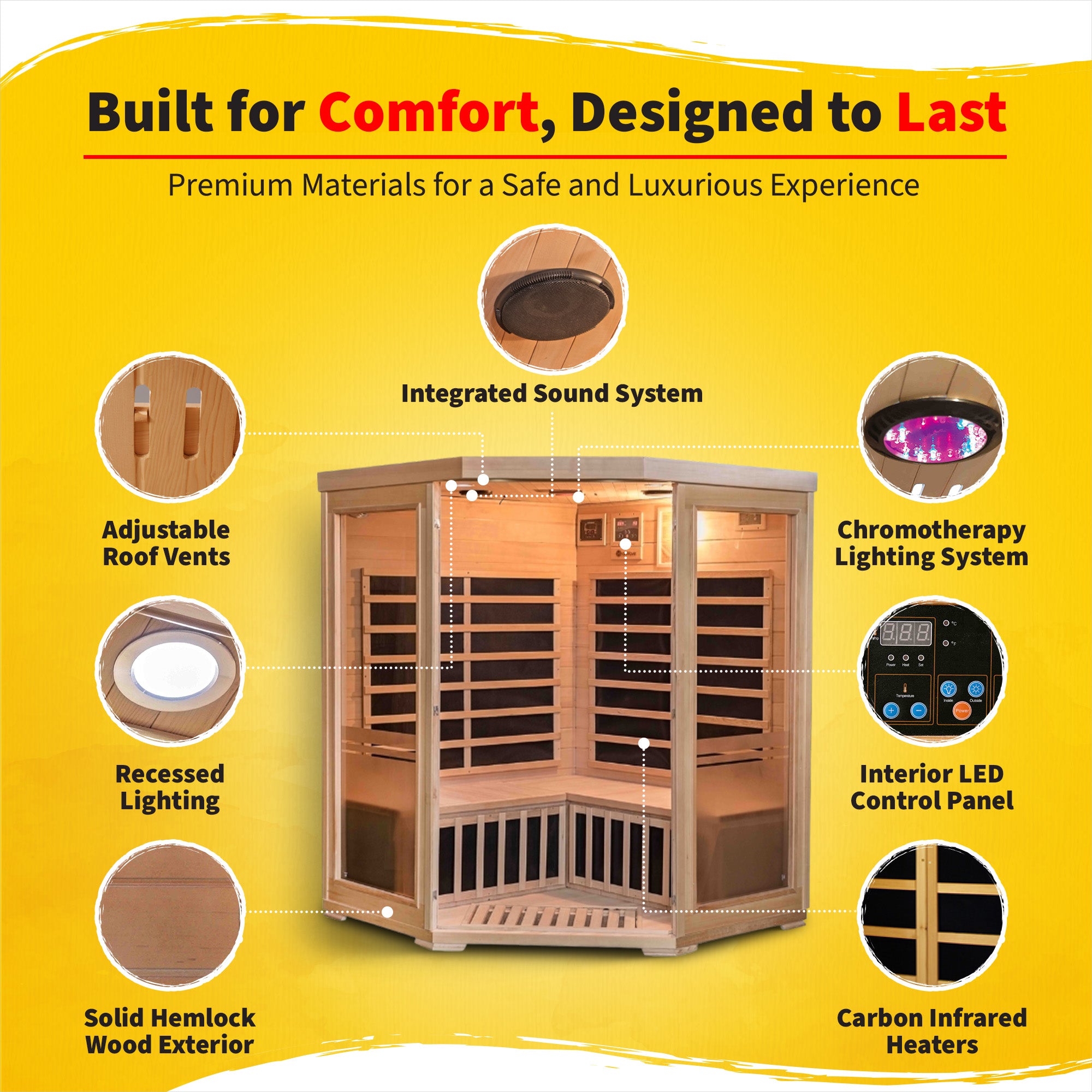 HeatWave Brand, Sonoma 3-Person Hemlock Infrared Corner Sauna with 7 Carbon Heaters