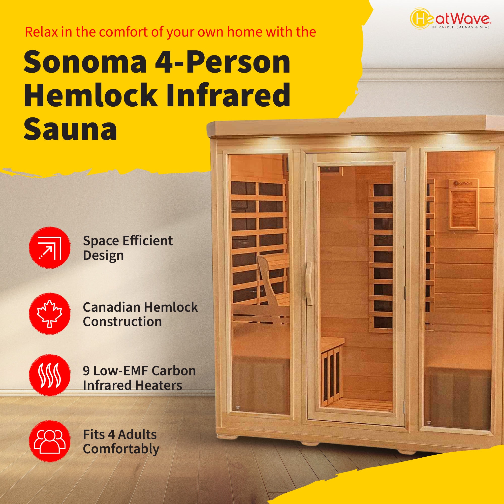 HeatWave Brand, Sonoma 4-Person Hemlock Infrared Sauna with 9 Carbon Heaters
